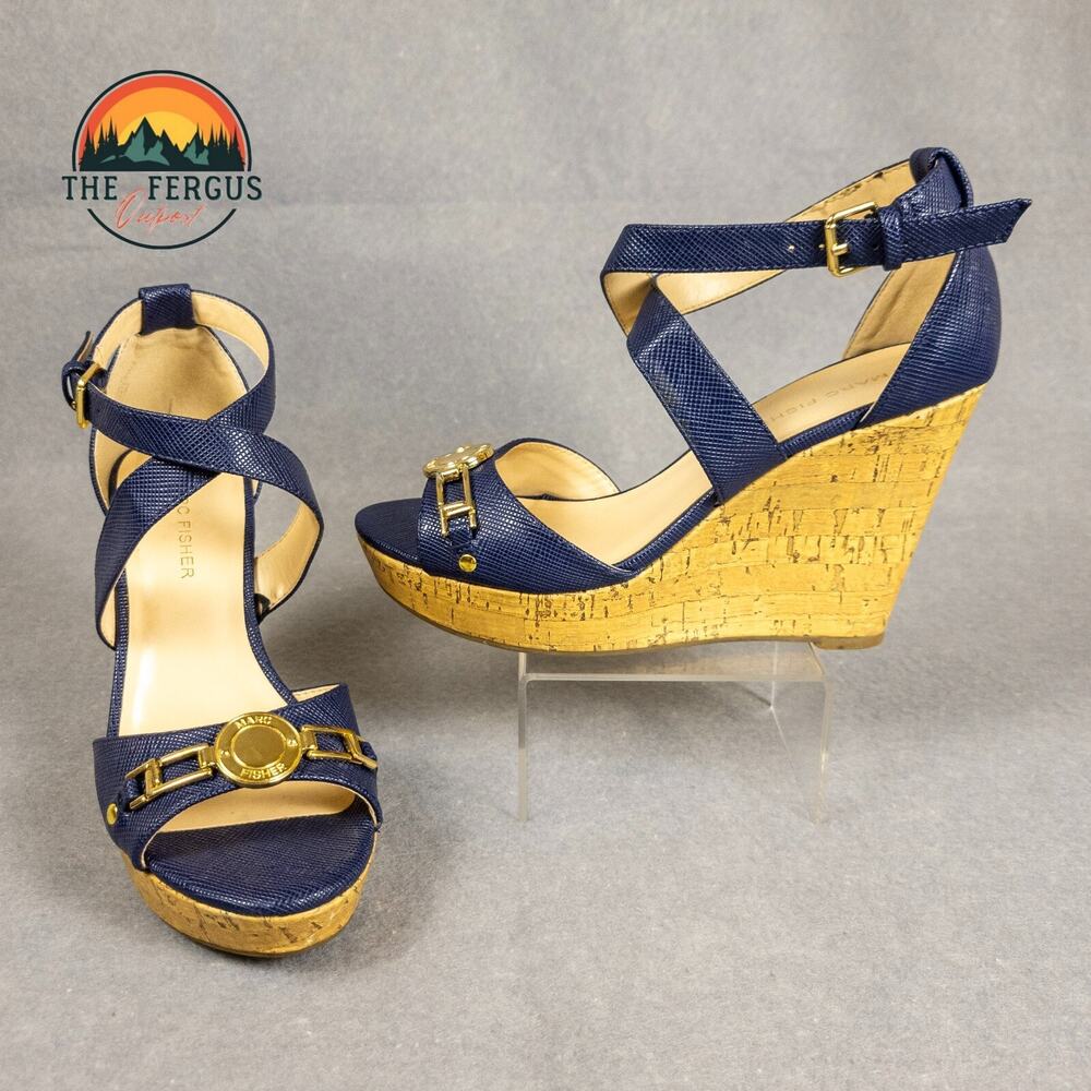 Marc Fisher Brantor-R Strappy Wedge Sandals Navy Ankle Strap Women's Size 6M